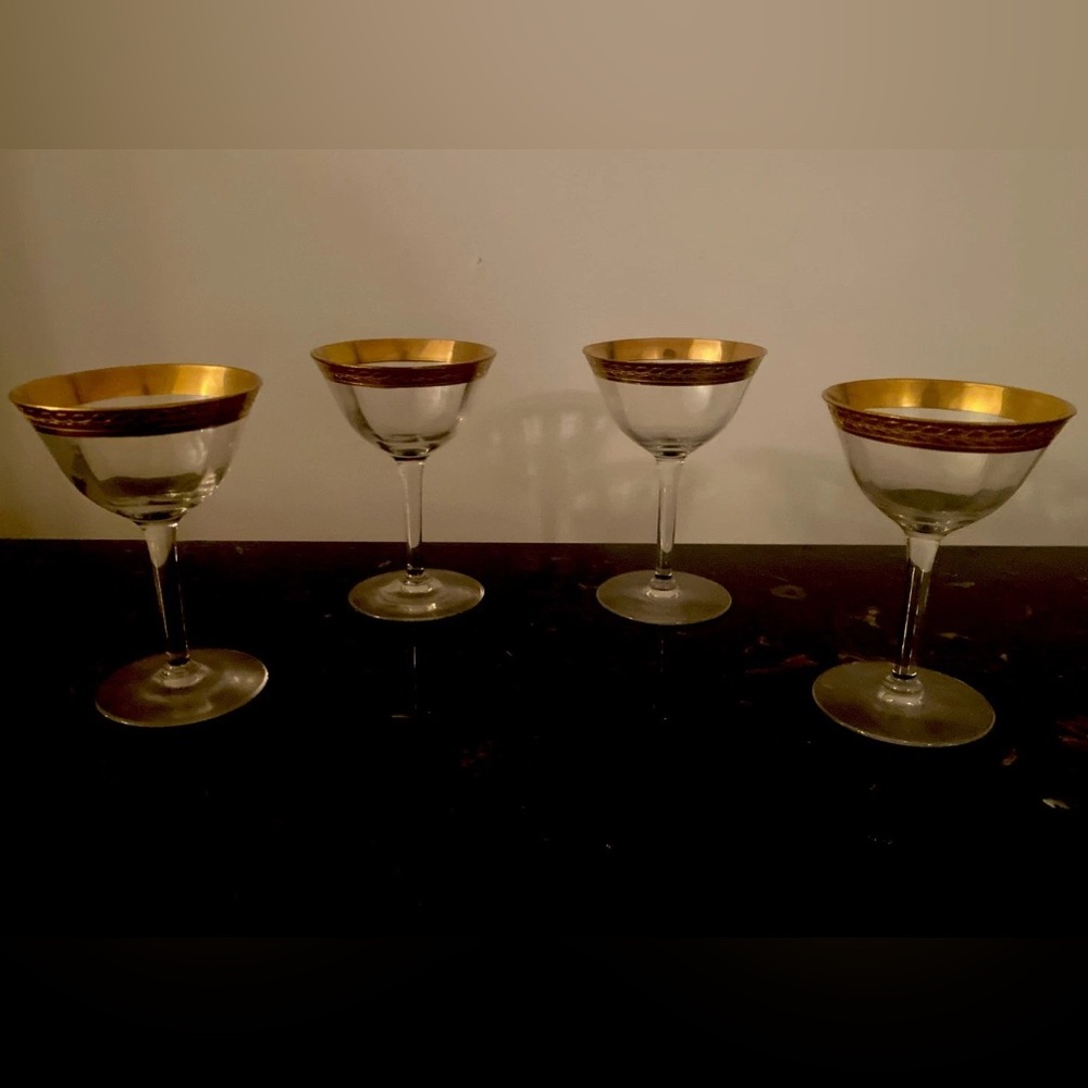 Set Of Four Tiffan Franciscan Gold Rim Glasses Crystal 4.25”H & 2.75” D